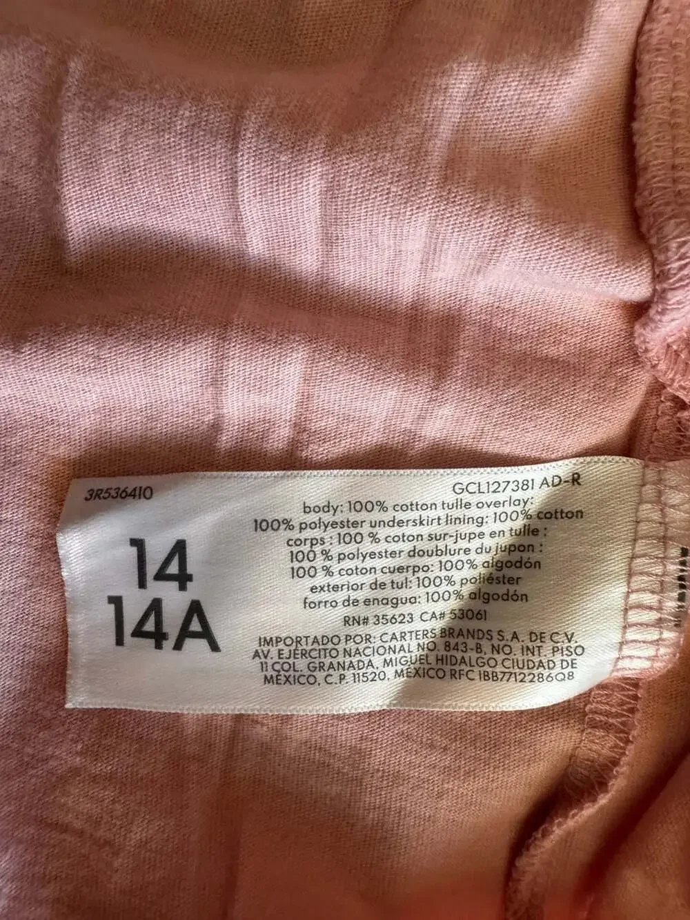Carter’s Girls Pink Ribbed Tulle Dress Size 14/14A